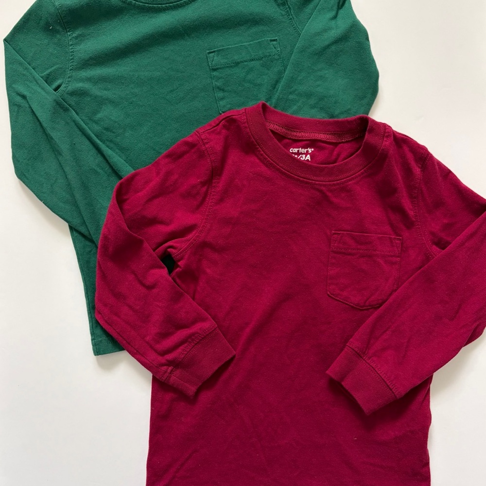 Carter's Long-Sleeve Pocket Tees in Green & Burgundy